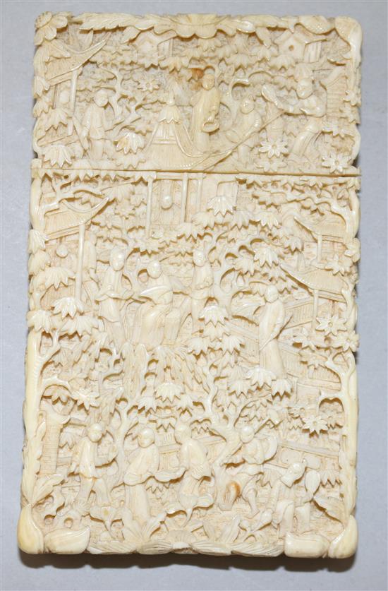 A 19th century Chinese Canton carved ivory card case, 4.25in.